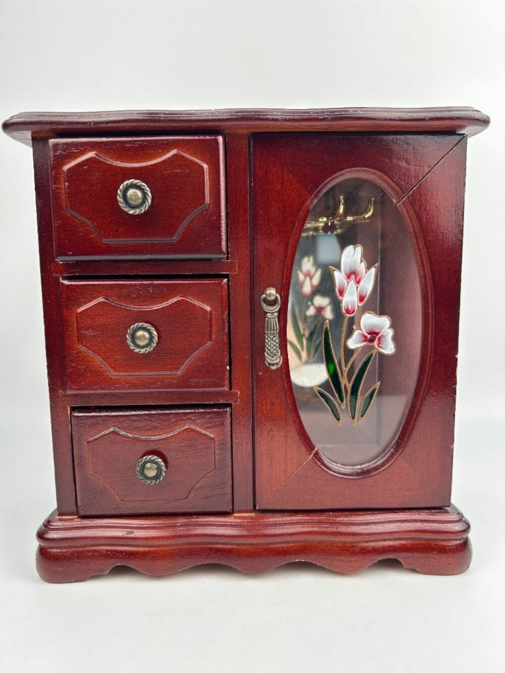 Vintage Brown Wooden Jewelry Box W/ Mirror, 3 Drawers & Floral Glass Door